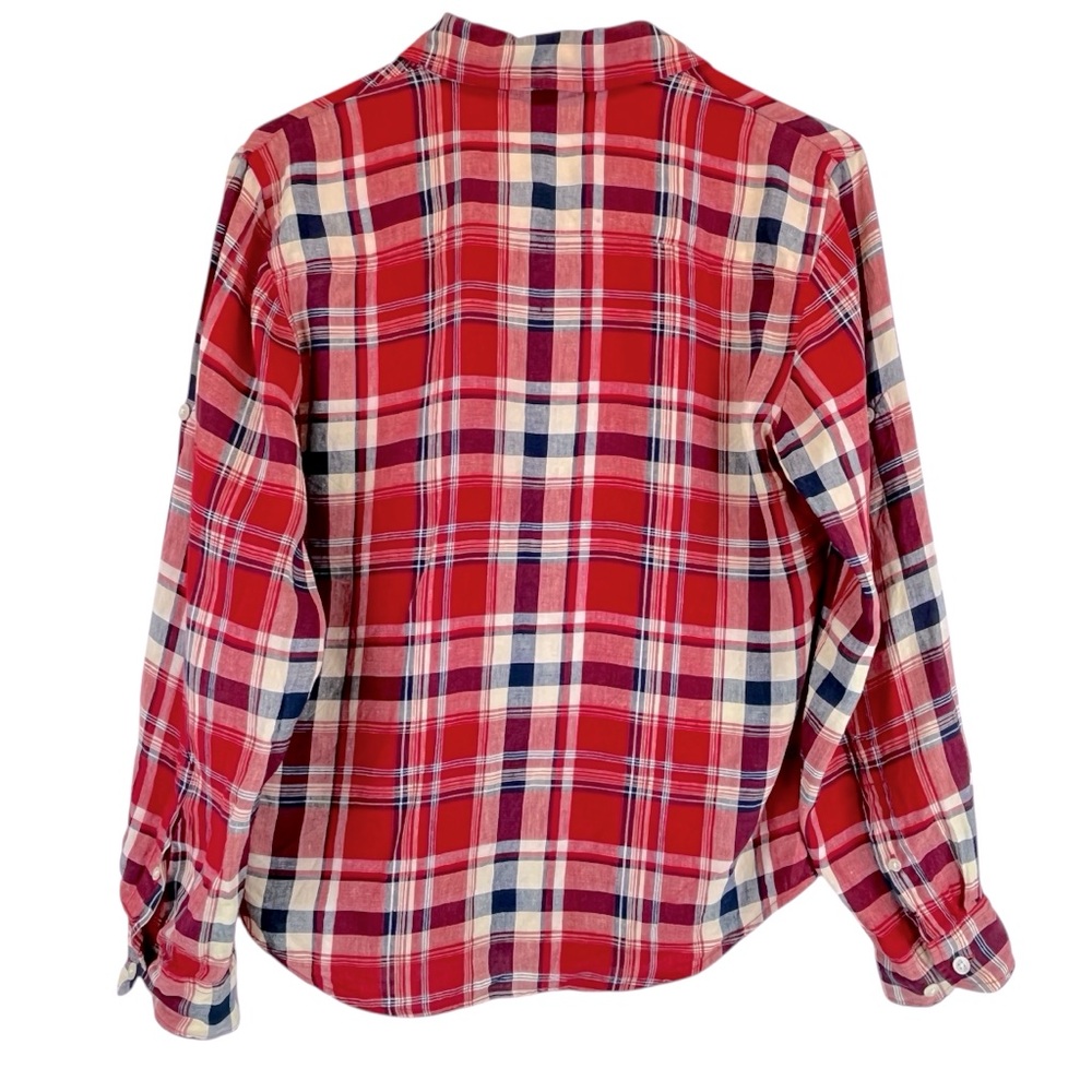 VTG Lauren Ralph Lauren 100% Linen Plaid Button Up Shirt Navy Red Off-White S/M - Picture 2 of 14